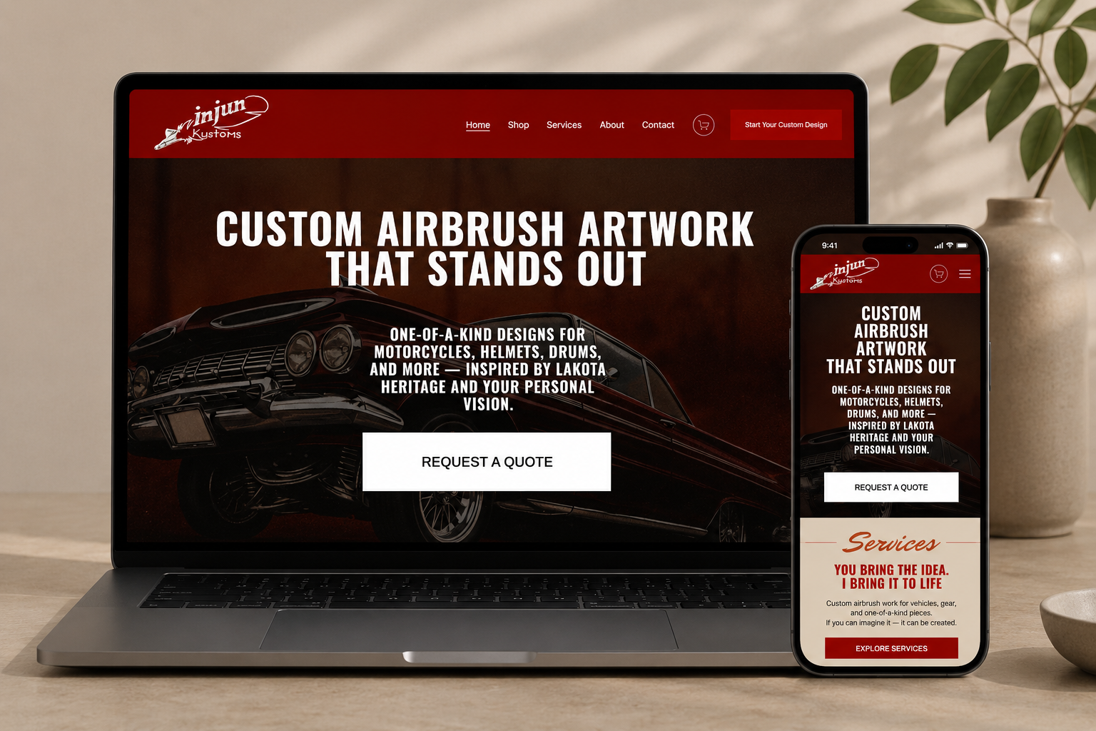 A laptop and smartphone displaying a website for Injun Kustoms, featuring custom airbrush artwork for motorcycles, helmets, drums, and other items inspired by Lakota heritage.