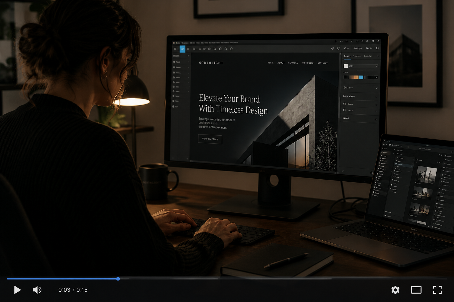 A woman working on a desktop computer and a laptop displaying a website design in a dimly lit room.