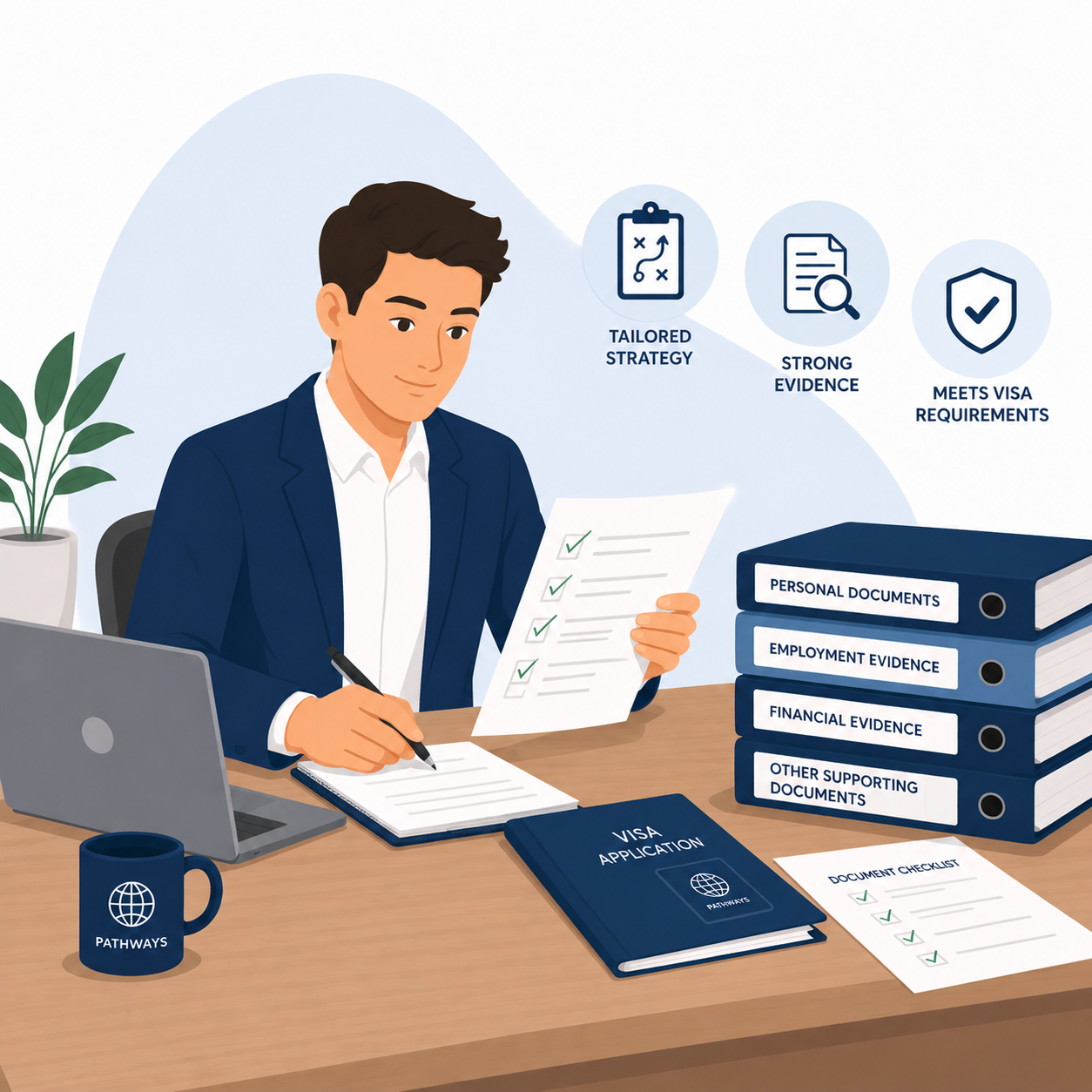Australian migration agent preparing a visa application with supporting evidence, eligibility documents and a tailored migration strategy