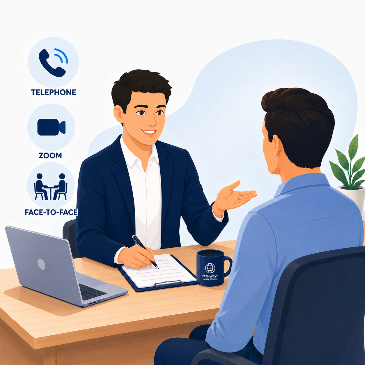 Registered Australian migration agent consulting with a visa applicant in person, by telephone, or via Zoom.