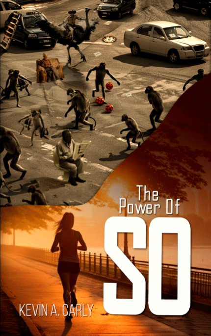 The Power of SO, chaos in the streets, monkeys playing soccer, a cowboy riding an ostrich, a car with a ladder leaning on it, an elderly lady sitting on a love seat, a man reading the newspaper while sitting on a toilet!