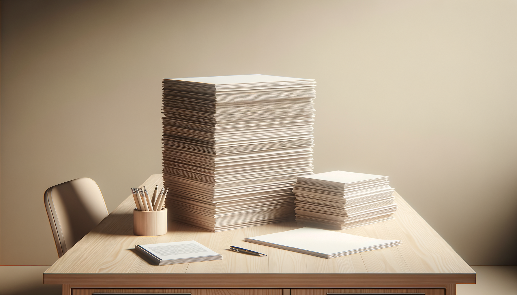 A stack of papers on a wooden desk with some pencils in a holder, papers, and a pen, with a single chair beside the desk.