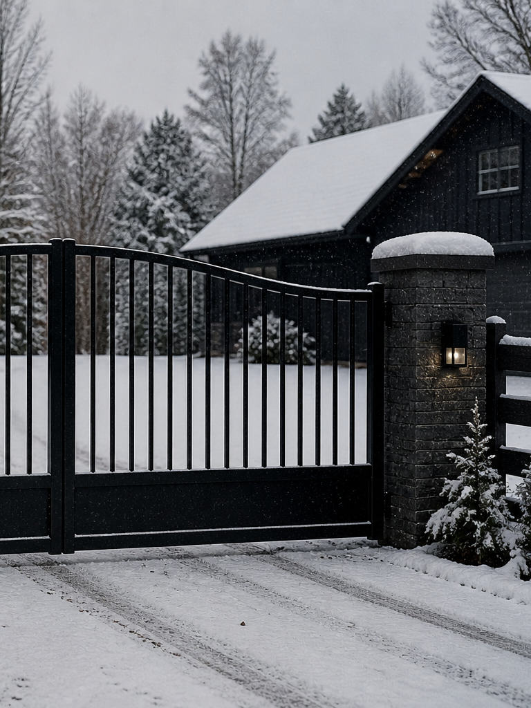 A black metal gate with brick pillars on a snowy driveway, with snow-covered trees and a house in the background during winter.