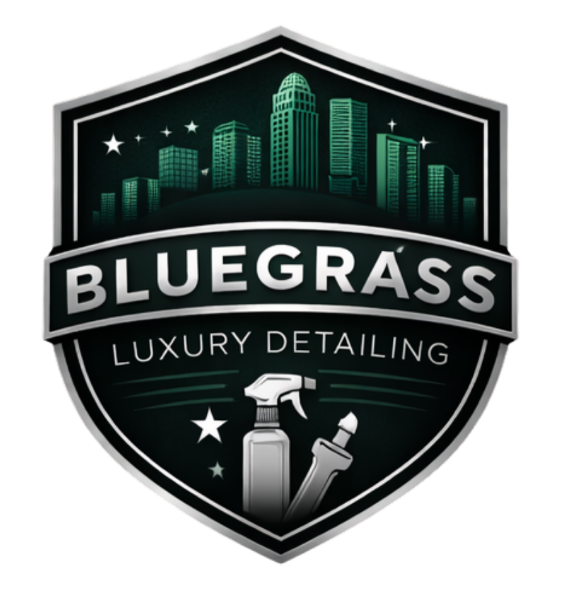 Logo for Bluegrass Luxury Detailing featuring city skyline, stars, and cleaning spray bottle and cloth