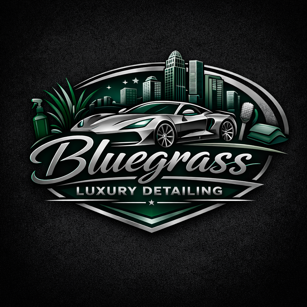 Logo for Bluegrass Luxury Detailing featuring a luxury sports car, a city skyline, and car cleaning tools on a dark background.