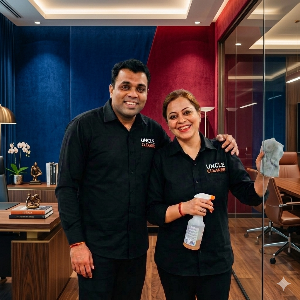 Two cleaning professionals in black uniforms with 'Uncle Cleaner' logo, smiling in a modern office, one holding a cleaning spray bottle and cloth.