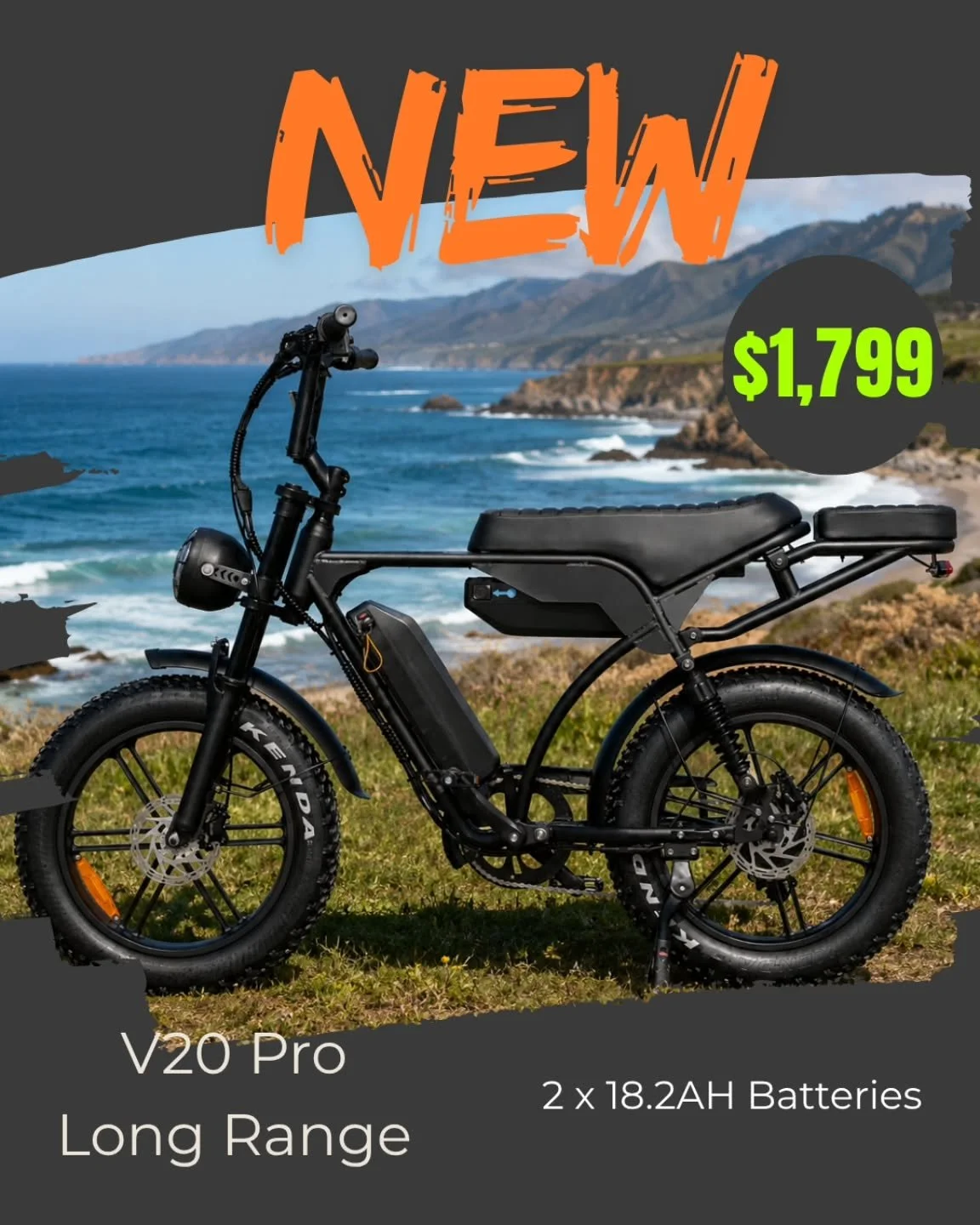 Meet the V20 Pro ⚡️🔋

Double the battery. Double the adventure.
With 2 x 18AH batteries, the V20 Pro is built for LONGER rides, bigger weekends, and less worrying about charging.

Cruise the coastline, hit the caf&eacute; stops, ride to work, then k