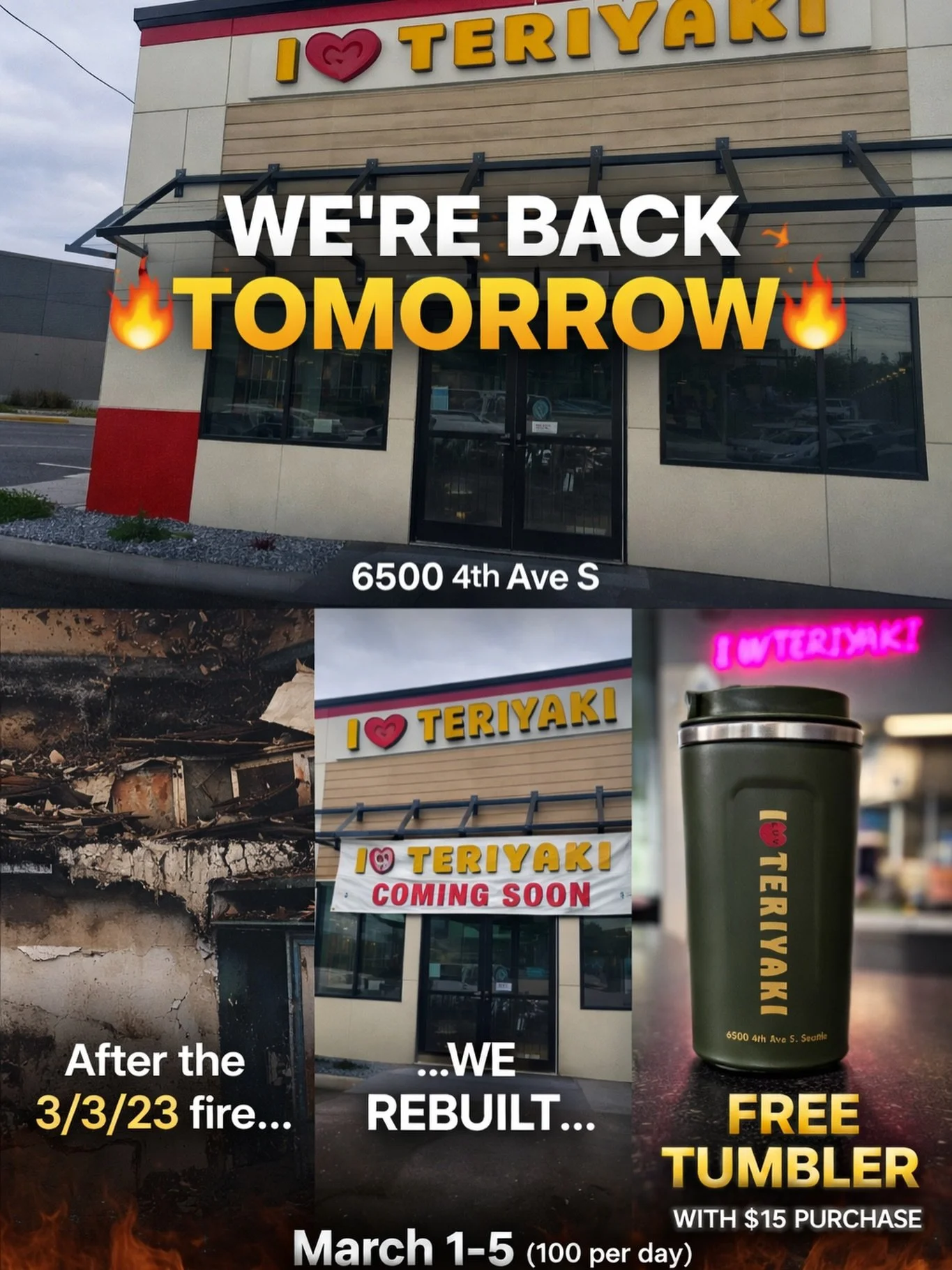 Seattle&hellip; tomorrow starts a new chapter.

I LUV TERIYAKI reopens
📅 March 1
⏰ Doors open at 10AM

To celebrate, we&rsquo;re giving away a FREE tumbler with any $15 purchase
(March 1&ndash;5 &bull; 100 per day &bull; while supplies last)

We&rsq