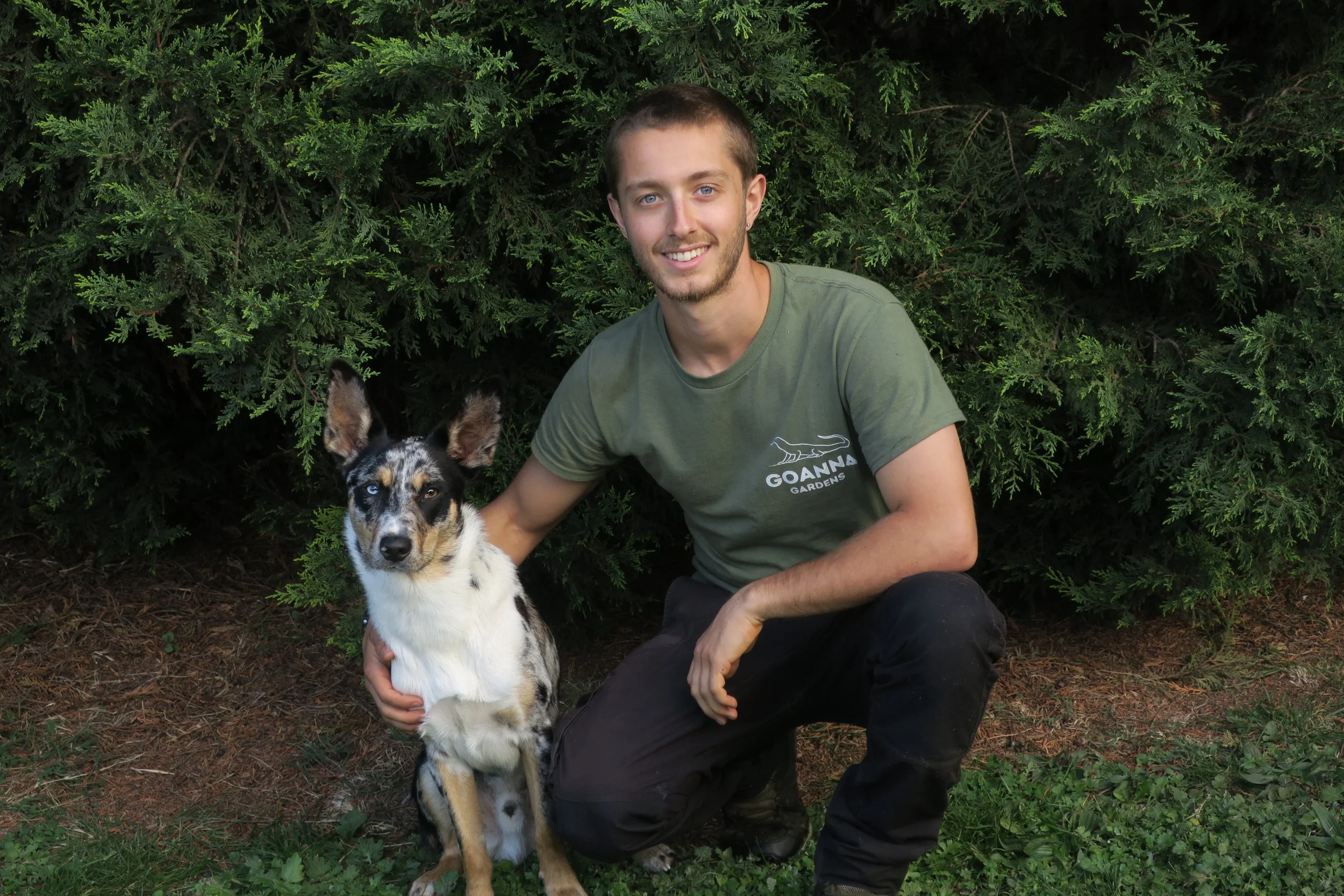 A young man with light skin and short brown hair, wearing a green t-shirt, kneeling and holding a mixed breed dog with a merle coat pattern, in front of a bushy green background.