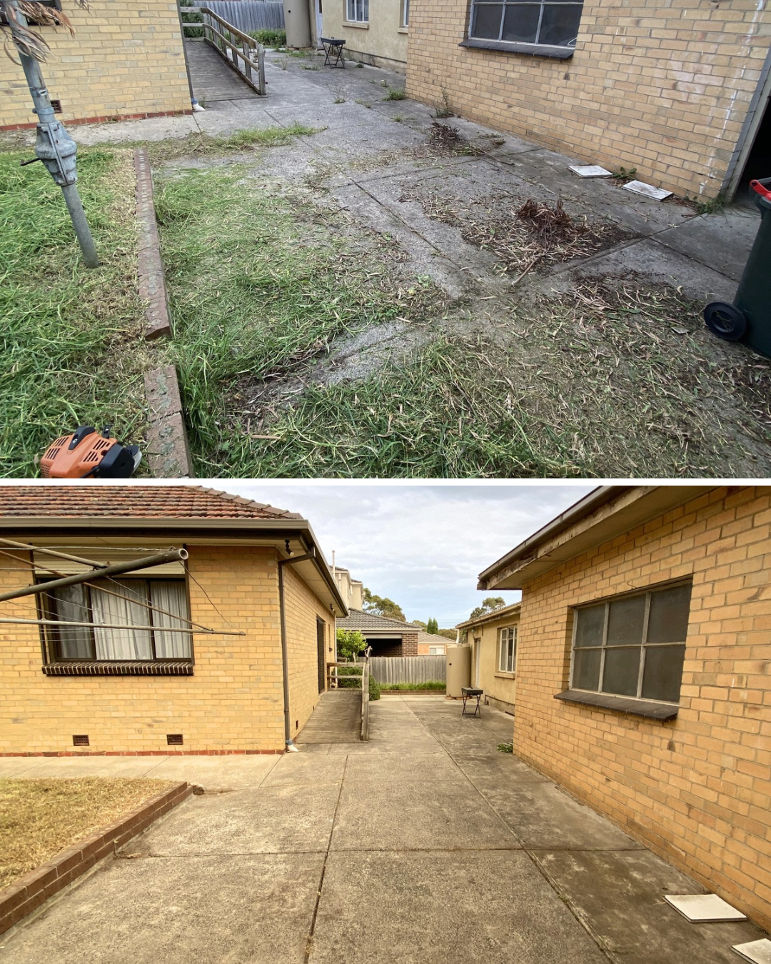 Before and after renovation of a backyard with a paved patio and brick house walls; the yard in the 'after' image appears cleaner, with no debris or overgrown grass.