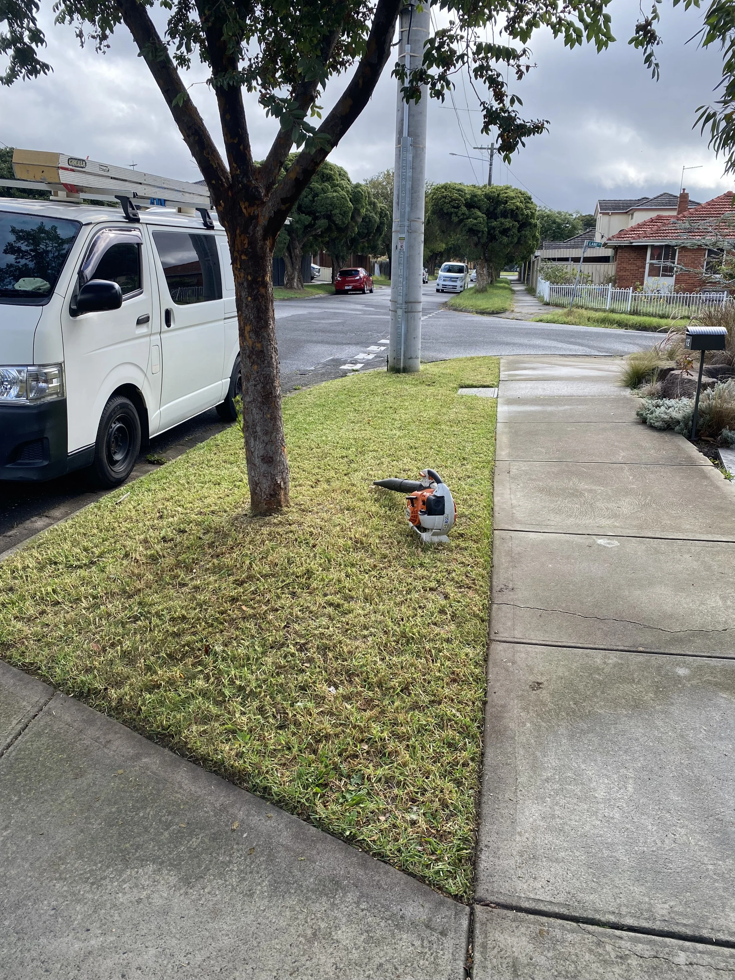 Residential street scene with a sidewalk, grass, trees, parked cars, and a cloudy sky.