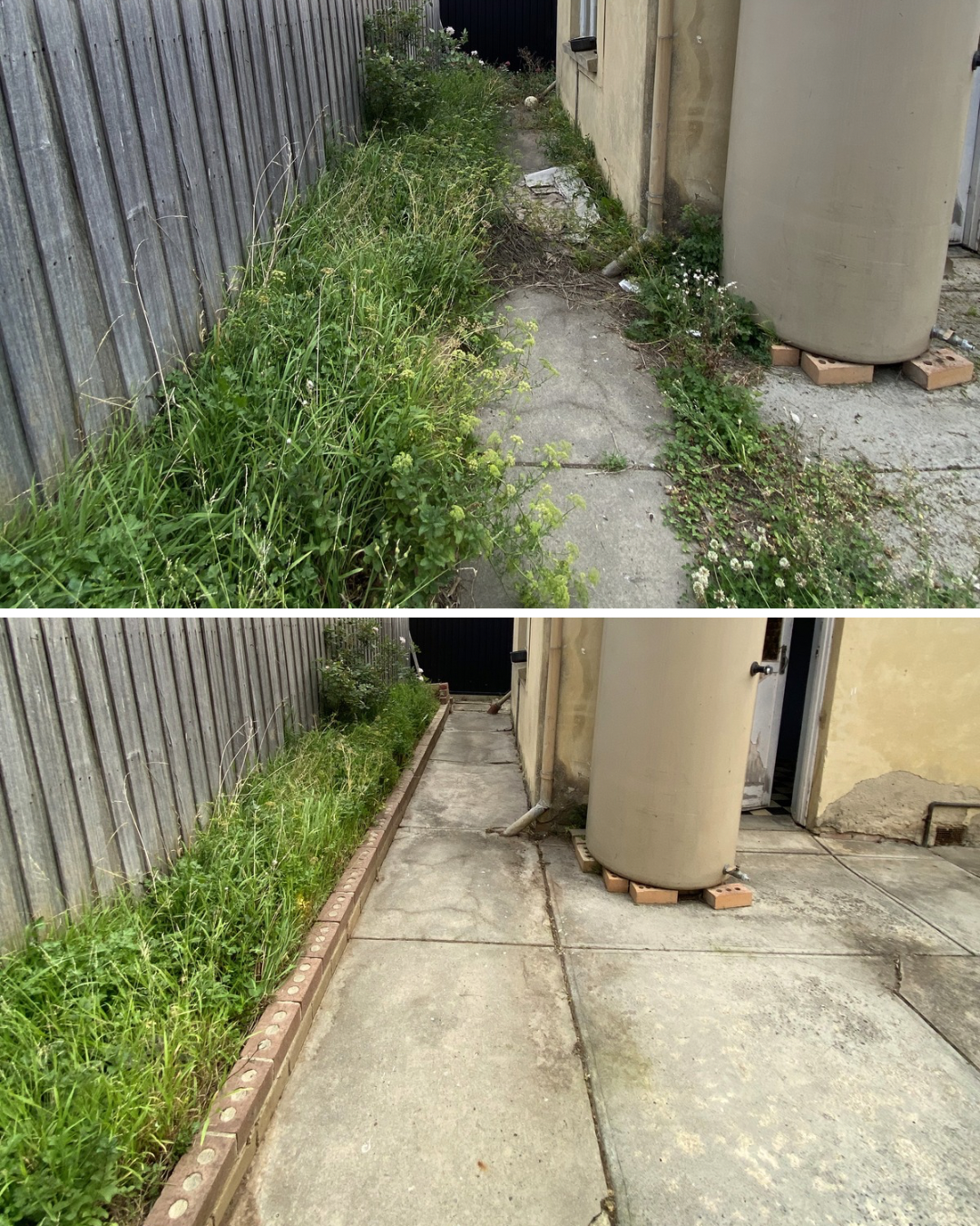 Comparison of a neglected overgrown sidewalk in the top photo, with a cleaned and cleared sidewalk in the bottom photo.