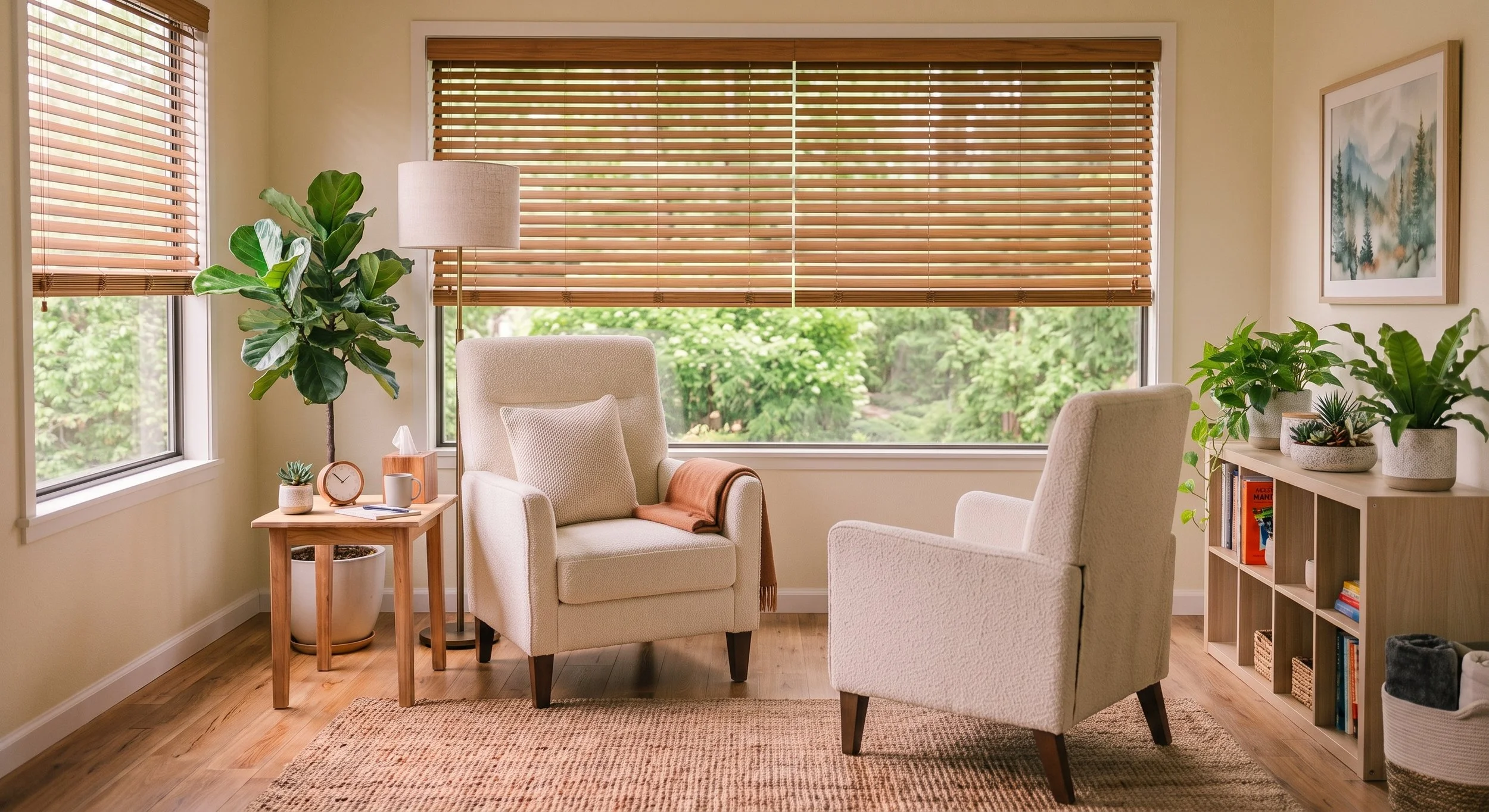A cozy living room with large windows covered by wooden blinds, two cream-colored armchairs, a side table with a clock, mug, tissue, and small plant, a tall green plant, a wooden bookshelf with plants and books, framed mountain landscape art, and a woven rug.
