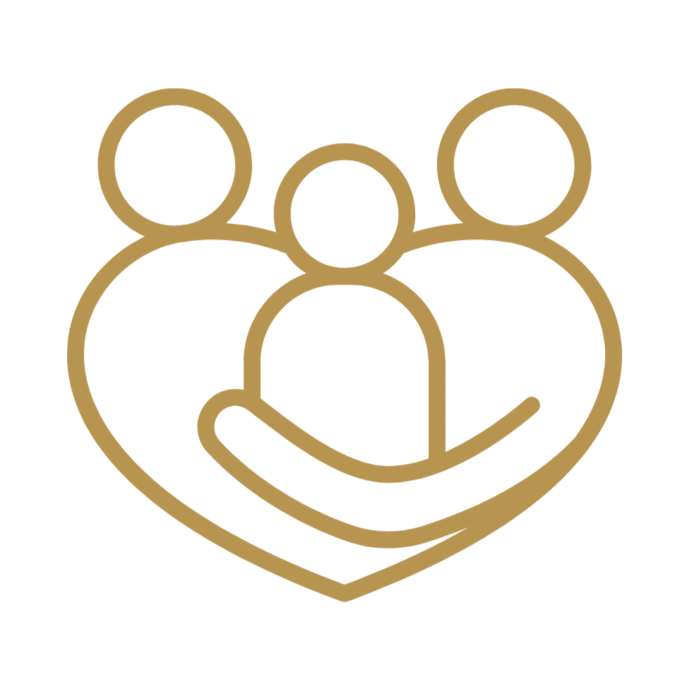 Gold outline of three people within a heart on a black background.