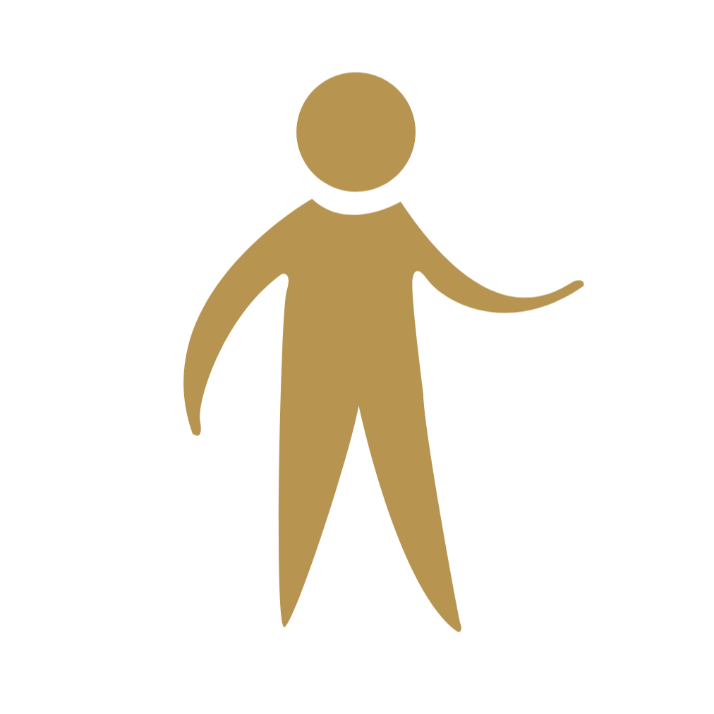 Simple gold-colored icon of a human figure with one arm extended.