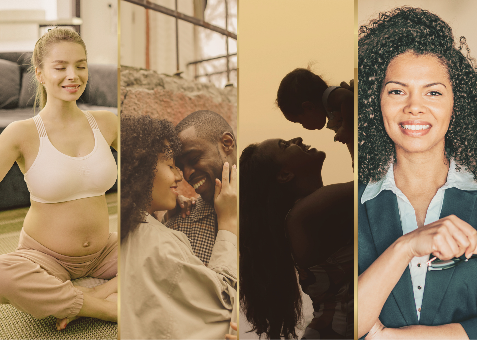 A collage of four images showing diverse women in various settings: a woman in workout attire with her eyes closed smiling, a couple with a child and a man sharing a moment of joy, a woman and a girl leaning face to face smiling, and a woman in a blazer holding a smartphone smiling.