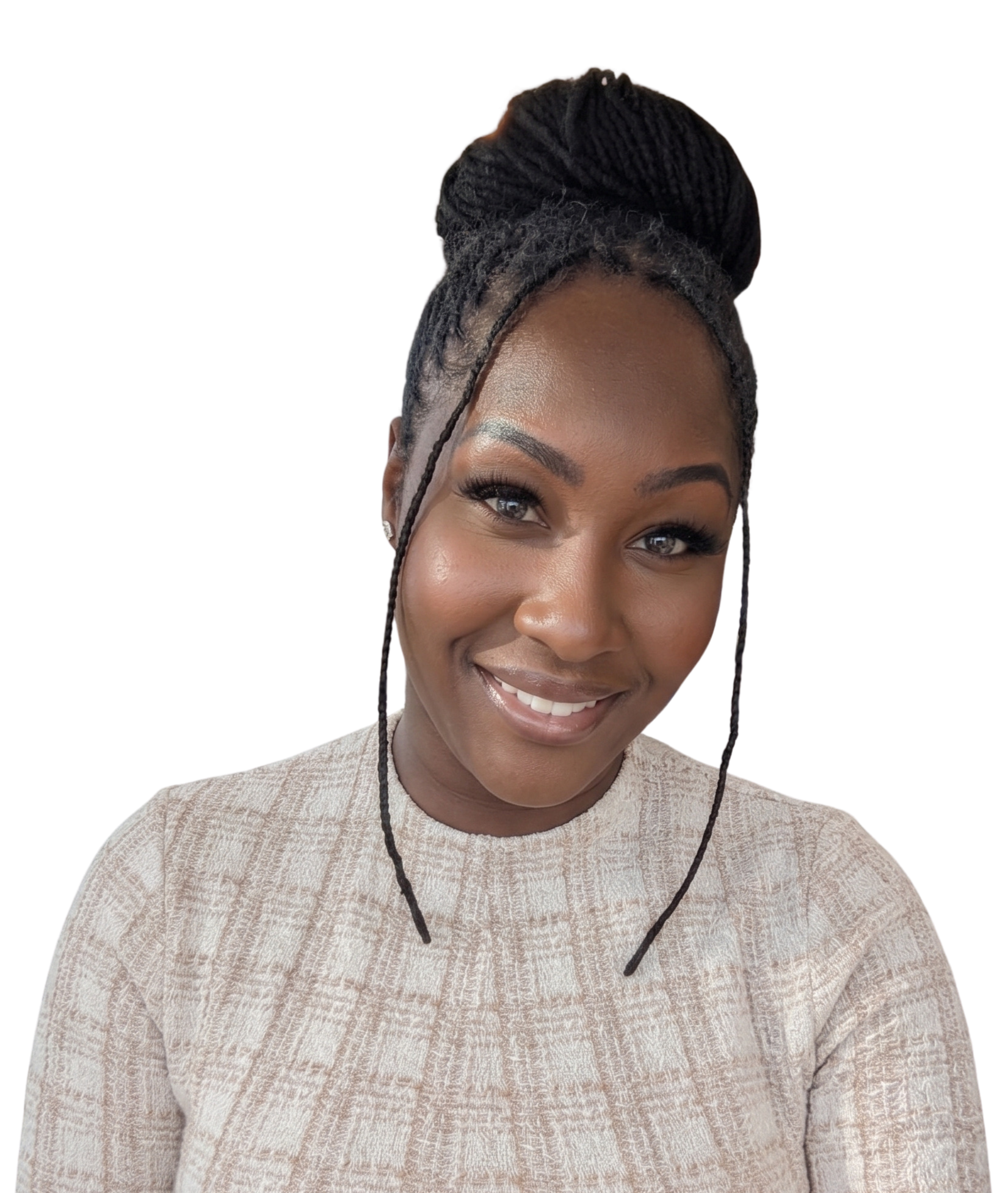 Close-up of a smiling African American woman with a stylish updo hairstyle, wearing a beige patterned top, with natural makeup.