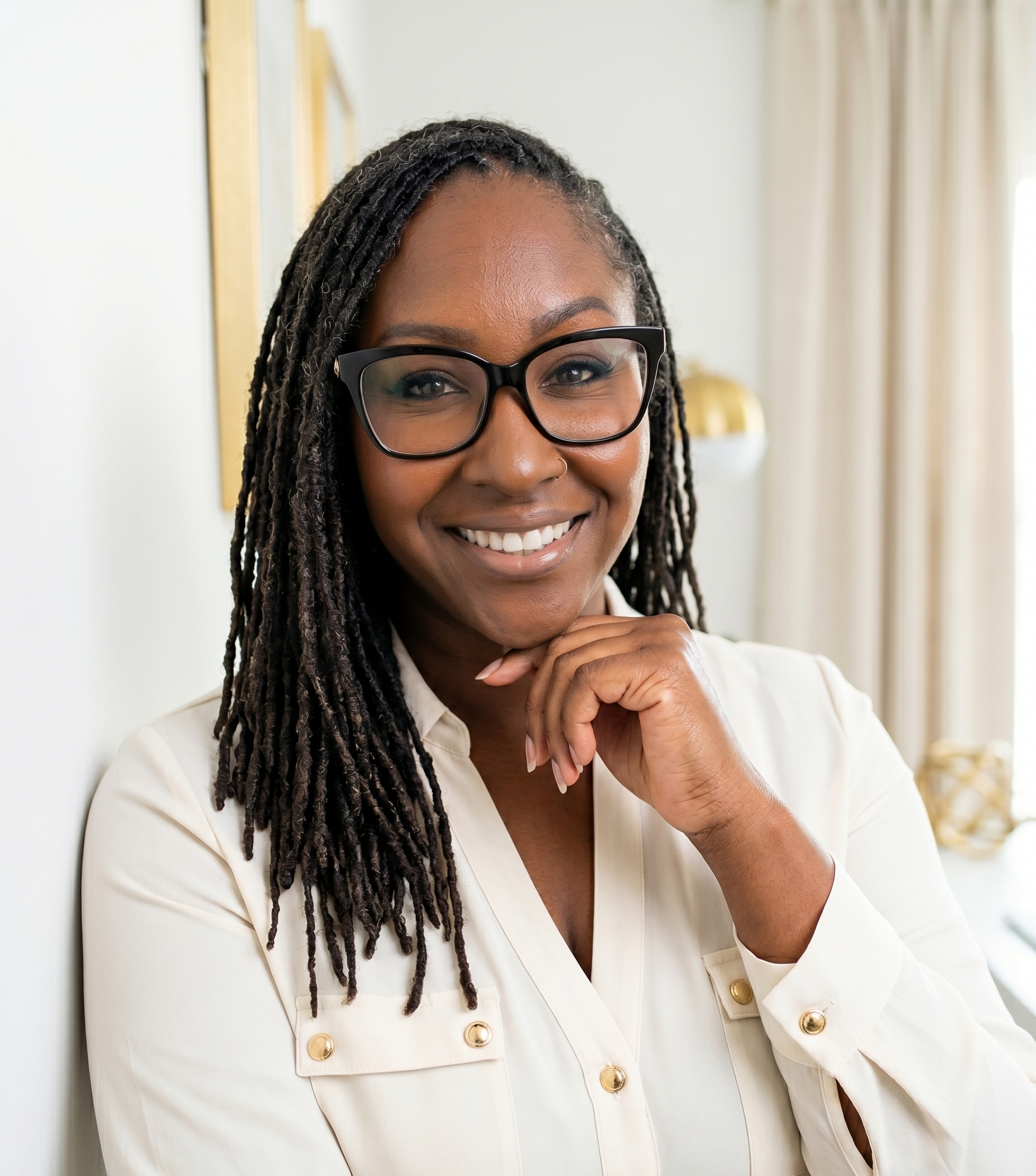 Close-up of a smiling woman with glasses, locs, wearing a white shirt, standing indoors near a wall