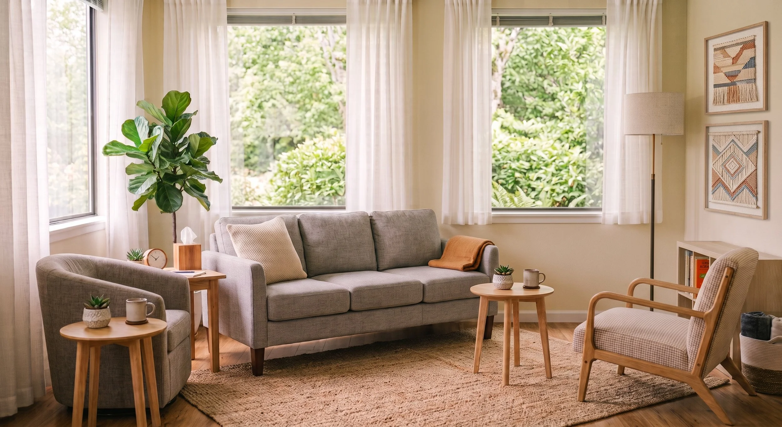 Living room with a gray sofa, armchair, wooden side tables, green houseplant, framed artwork, tall floor lamp, and large windows with white curtains, overlooking green trees outside.