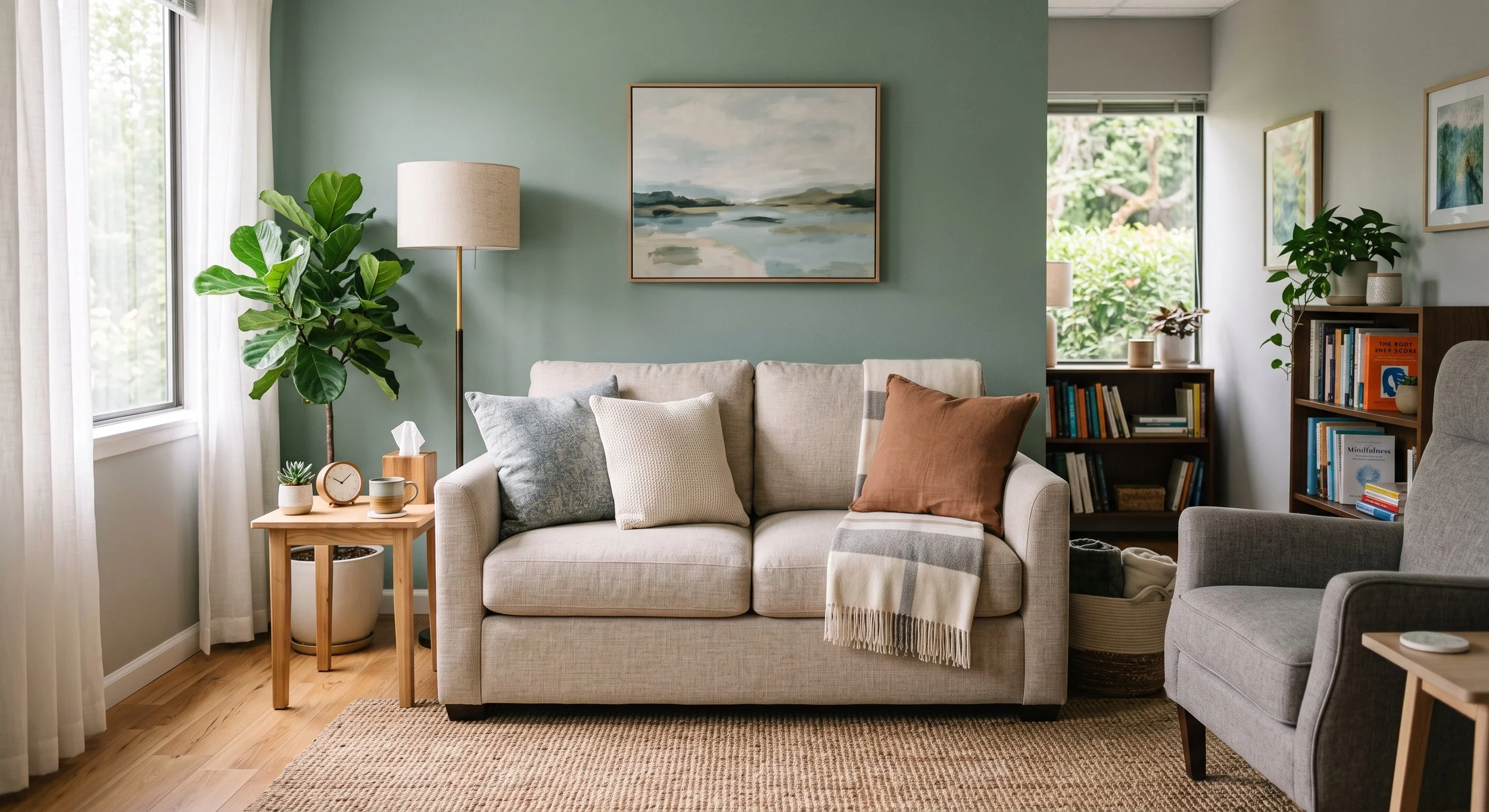 A cozy living room with a beige couch, decorative pillows, a blanket, and a side table with plants, cups, and a clock. There's a textured rug on hardwood floor, a large green plant, and artwork on the wall. Large windows with white curtains let in natural light.