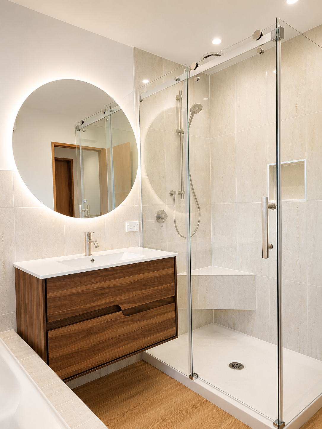 Completed bathroom renovation with timber vanity and glass shower