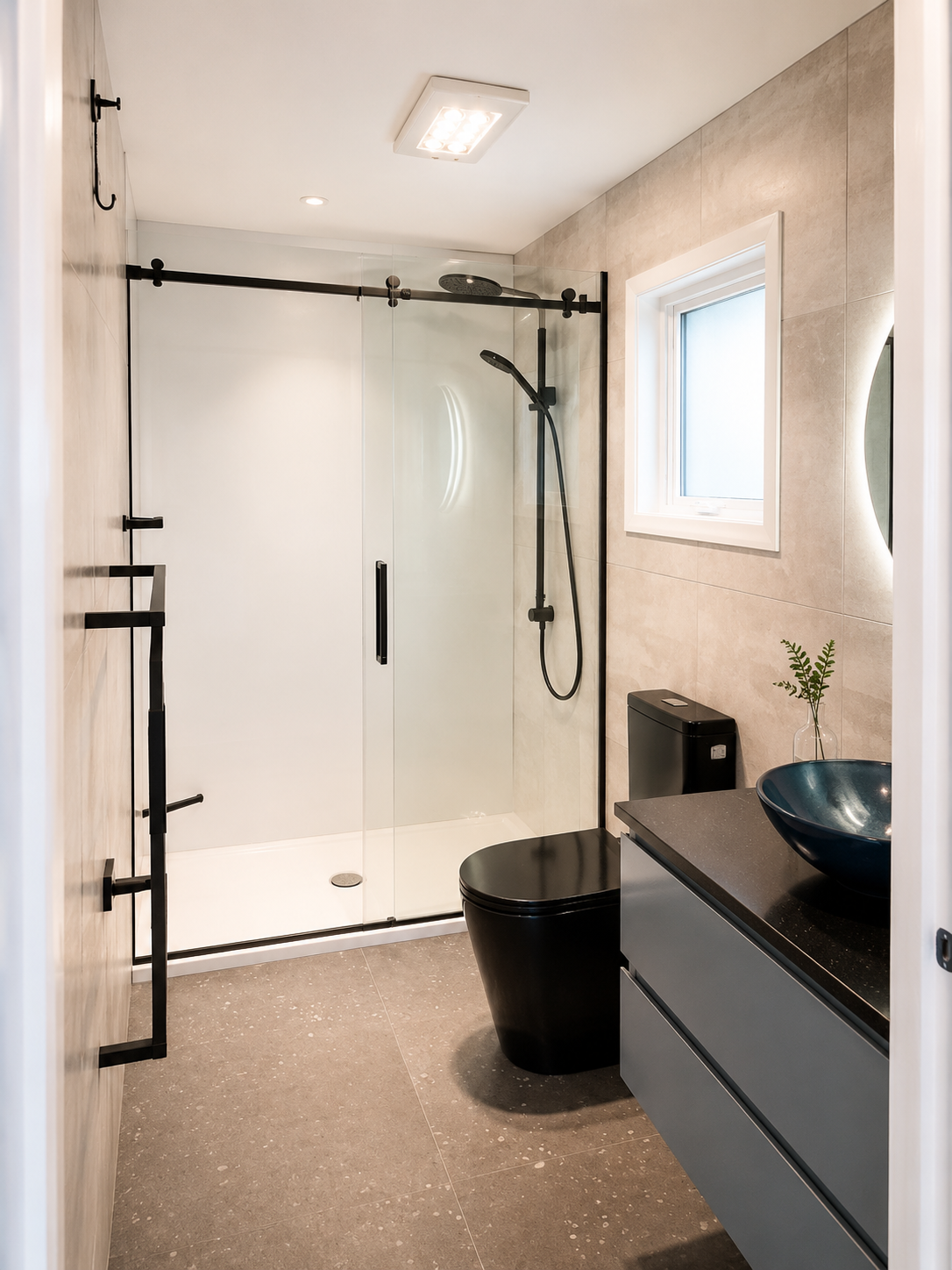 Completed bathroom renovation with walk-in shower in Nelson