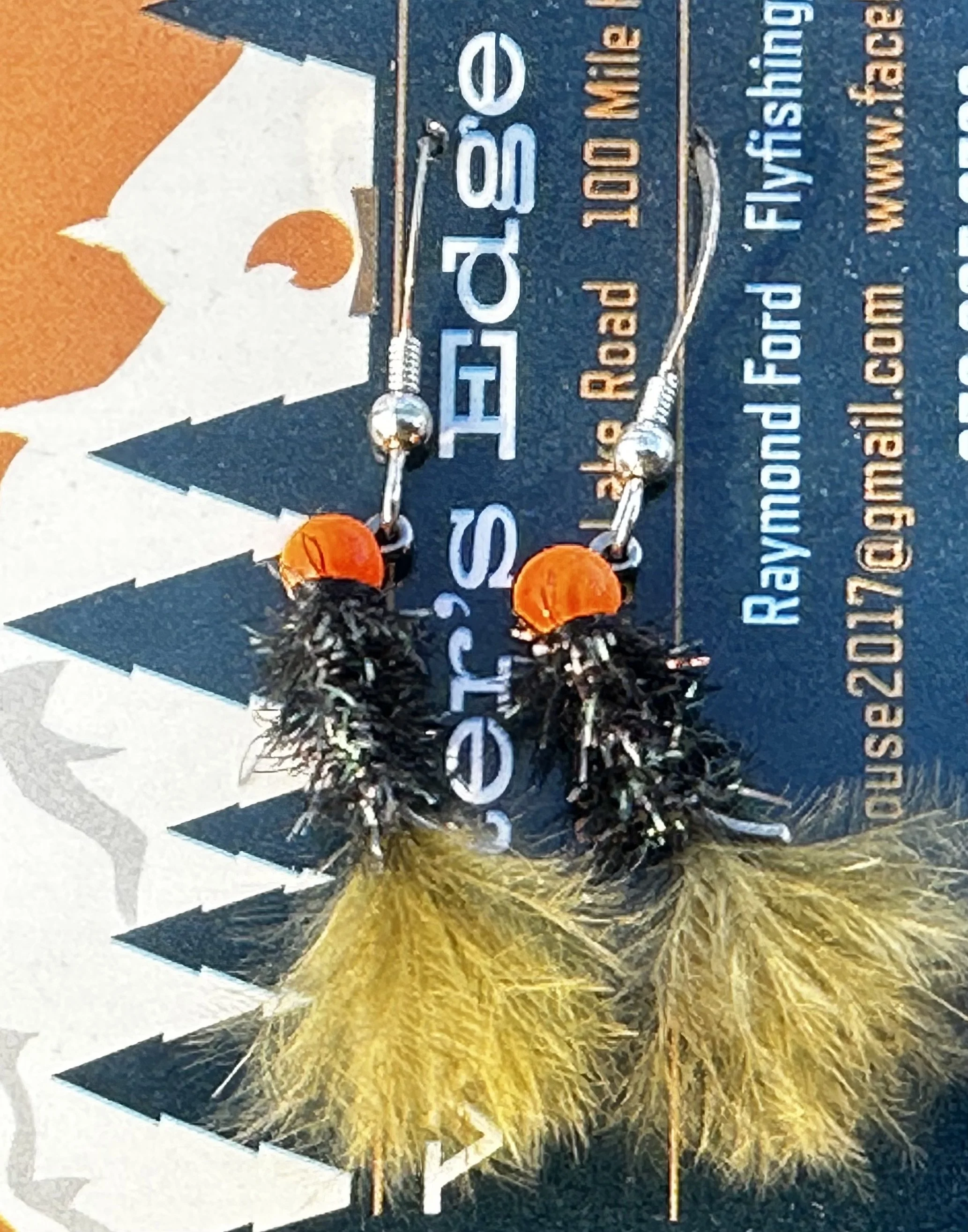 Pumpkin Head Dark Olive Fly Earrings. Sterling Silver Sheppard’s Hook Hook Removed