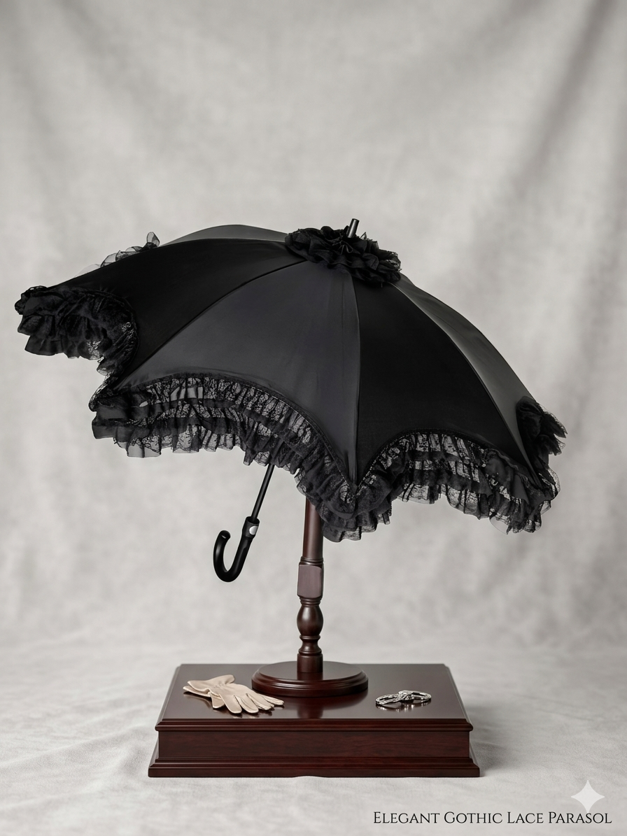 Elegant black umbrella with lace details