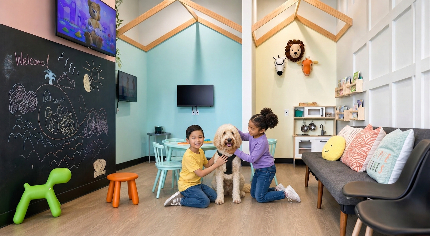 kids in the waiting room with buddy the dog