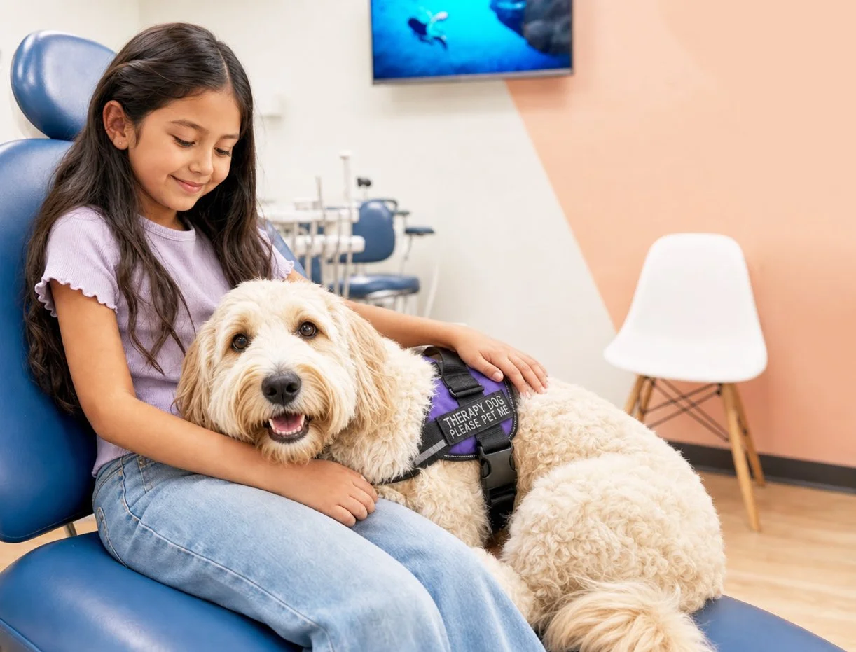 girl with smiling buddy on dentist chair