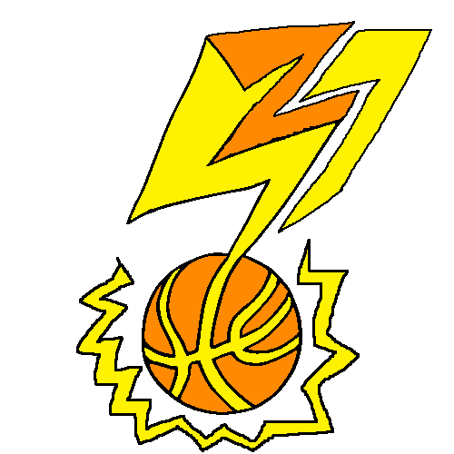 A logo of a basketball being struck by lightning.