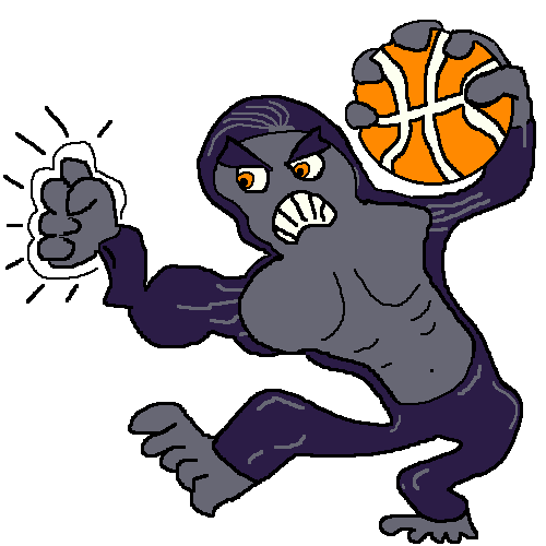 A logo of an angry gorilla holding a basketball.