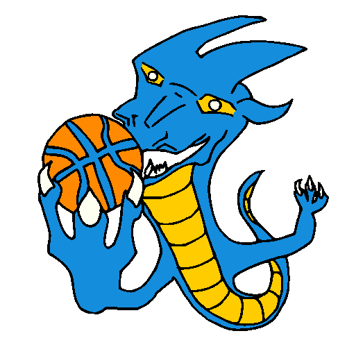 A logo of a blue dragon holding a basketball.