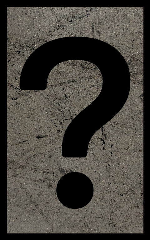 A black question mark on a textured gray background.