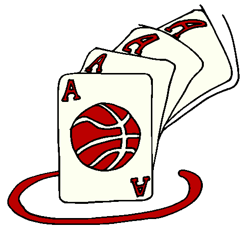 A hand containing four cards, which are all red aces, it is a basketball team logo.