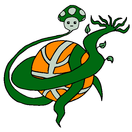 A picture of vines entangling a basketball with a mushroom mascot.