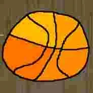 Drawing of a basketball with orange and yellow sections and black lines dividing it.