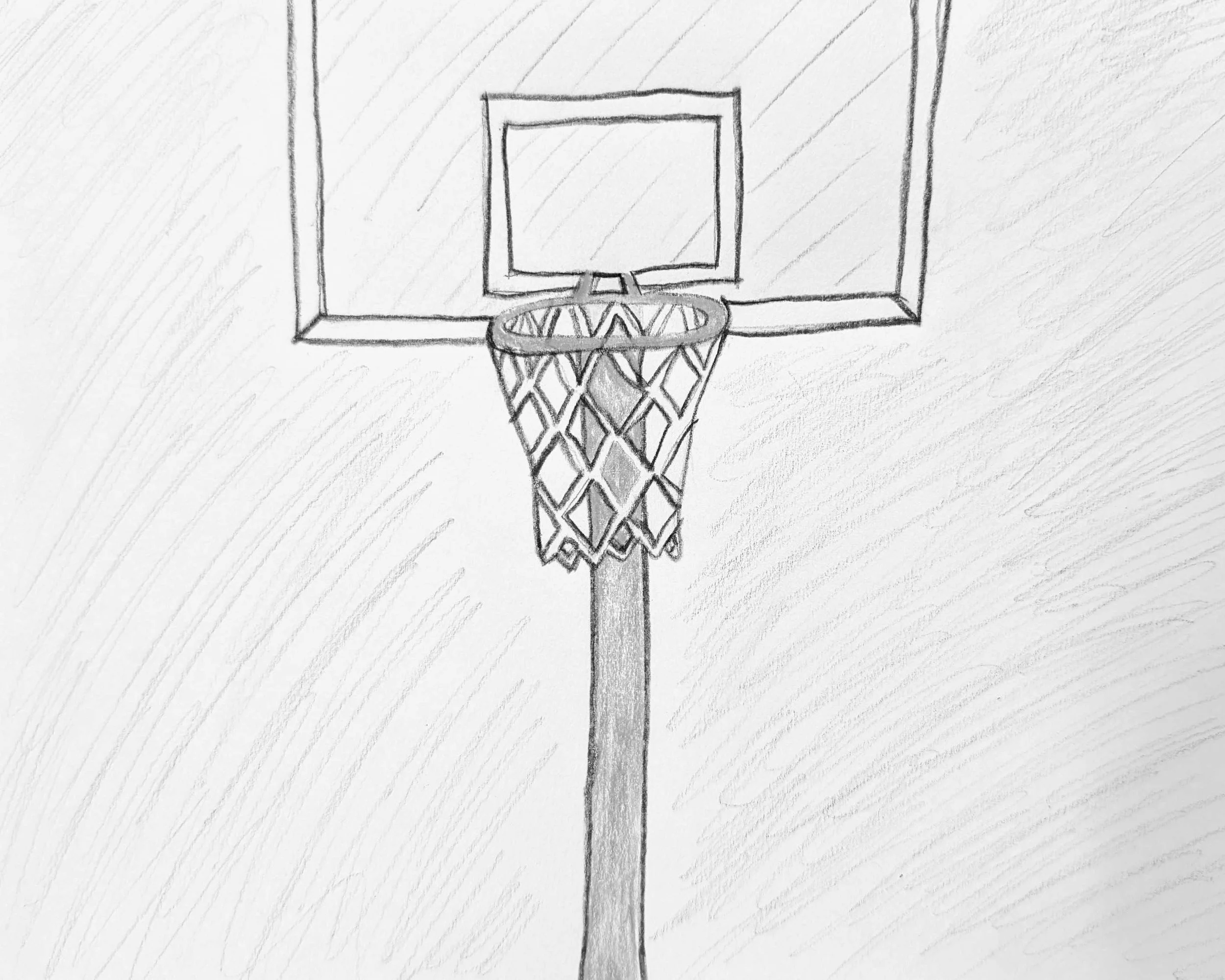 Hand-drawn sketch of a basketball hoop with a backboard and net.