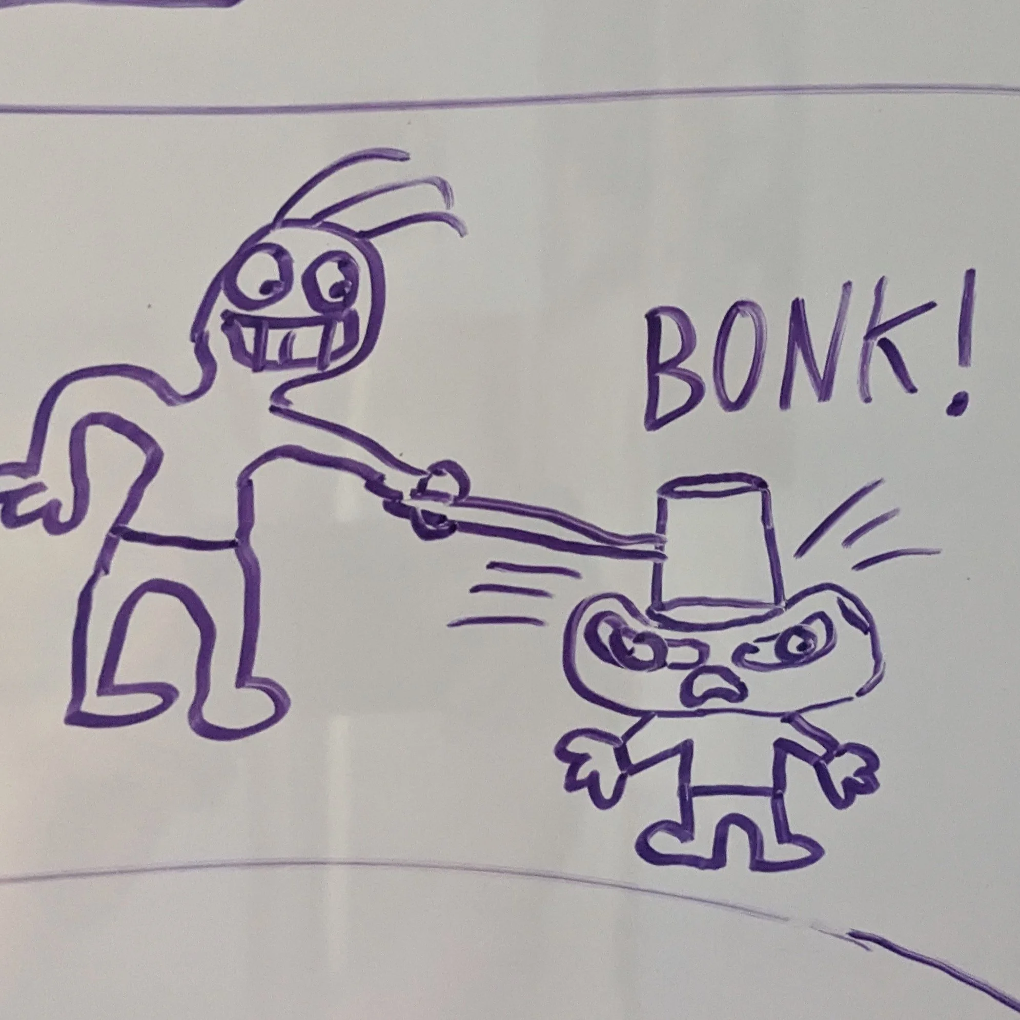 A hand-drawn cartoon monster with big eyes, a wide open mouth showing teeth, and three hair tufts on its head, drawn in purple ink. The word "BONK" is written near the monster.