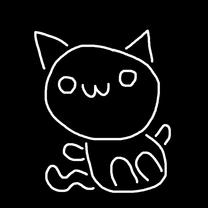 Line drawing of a cute cat with a round face, pointy ears, and a small smiling mouth, on a black background.