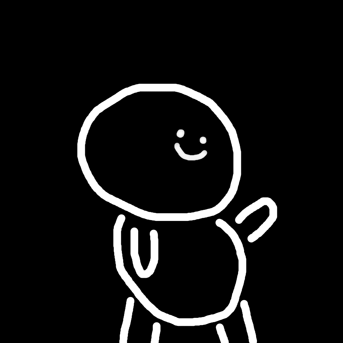 A simple black and white line drawing of a smiling character with an oval head, small eyes, and a round body, on a black background.