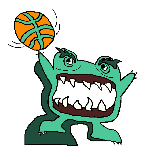 A logo of a green monster with big teeth holding a basketball.