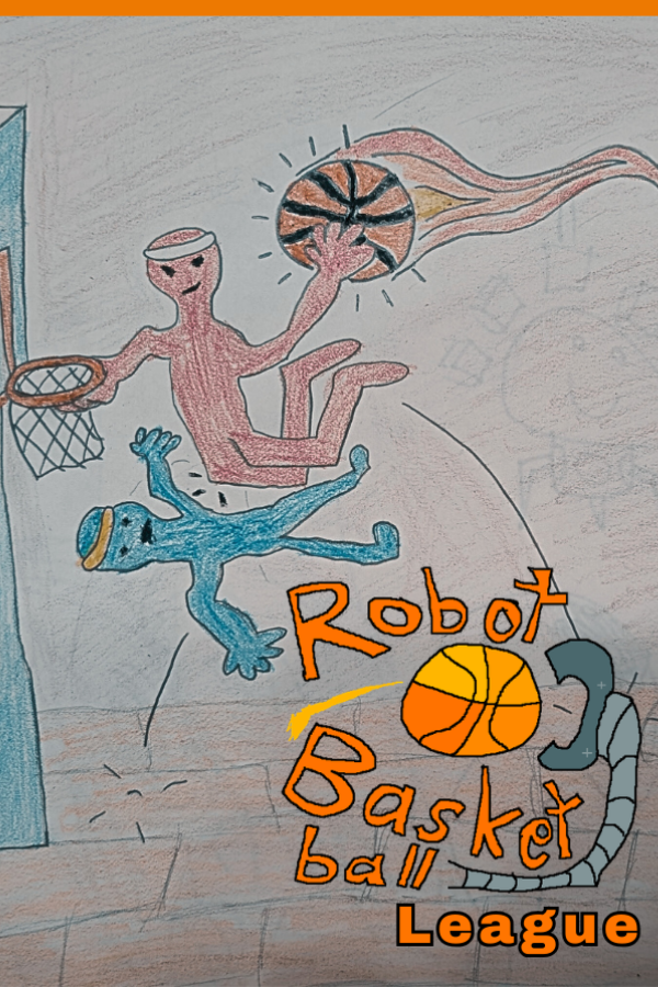A colorful drawing of two cartoon animals playing basketball, one pink and one blue, with a basketball hoop and a fiery basketball. The text reads "Robot Basketball League" with a yellow 'league' at the bottom.