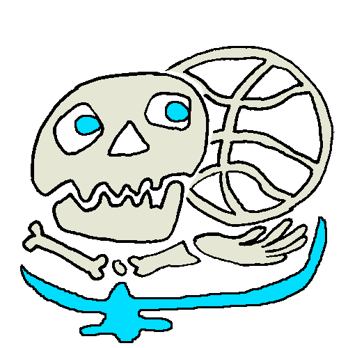 A picture of a skeleton with blue eyes, who is holding a skeletal basketball.