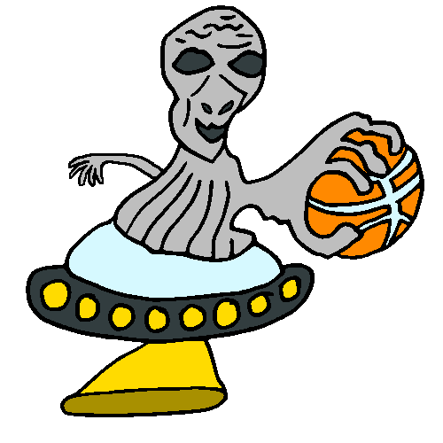 A logo of an alien in a UFO holding a basketball.