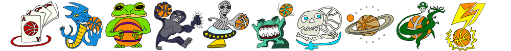 A row of colorful cartoon animals and objects related to basketball and sports, including playing cards, dragons, frogs, turtles, aliens, a skull with a ball, planets, a turtle holding a ball, and a lightning bolt with a basketball.