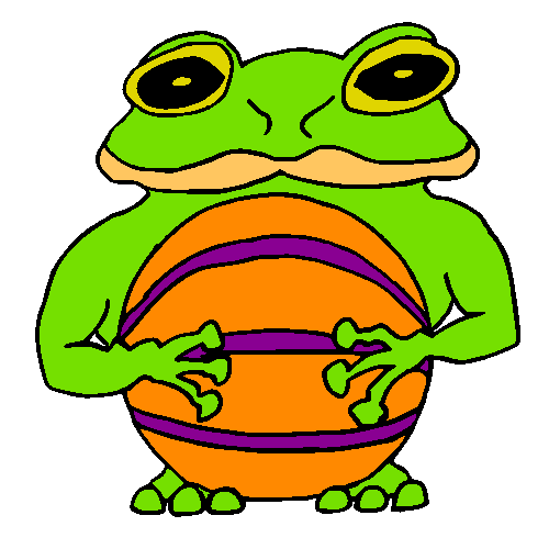 A logo of a frog holding a basketball.