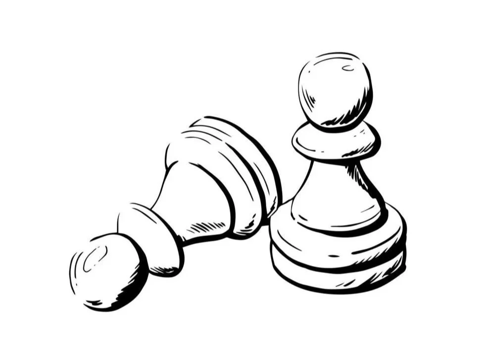 Une illustration en noir et blanc d'une pièce d'échec, avec une tour et un pion couché.