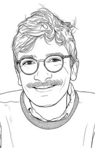 Portrait en dessin au trait d'un homme avec des lunettes, sourire et cheveux bouclés.