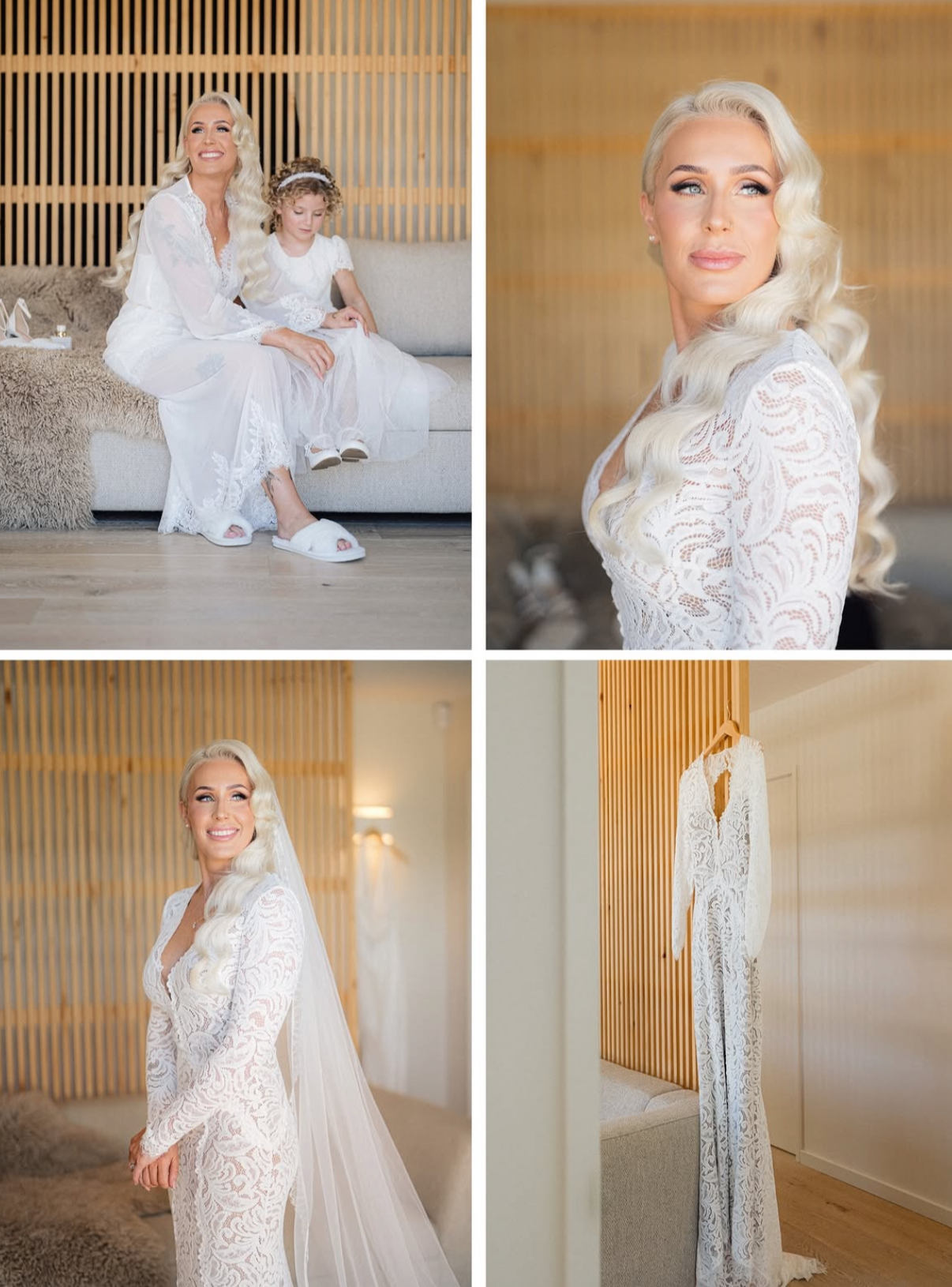 Wedding dress hanging on a wooden wall.